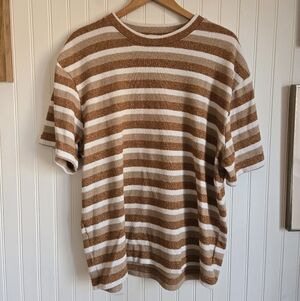 Zara XL Terry Cloth Brown and White Striped Tee Shirt